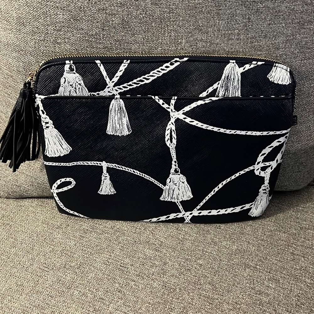Chicos Blue and white Tassel Large Zip Pouch Makeup/Travel medium size clutch